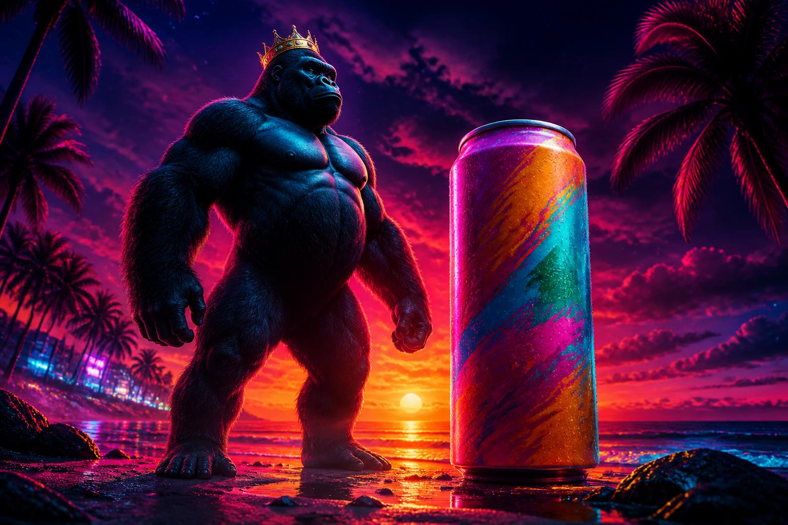 El gorila rey coronado junto a una lata Four Loko XL Tropical en una playa neón al atardecer
